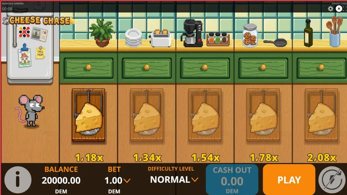 Ratinho fofo em uma cozinha estilo 8-bit no jogo Cheese Chase