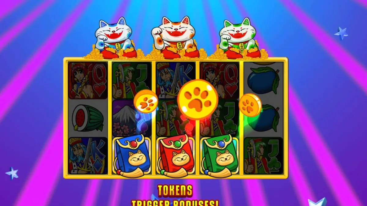 Interface colorida do slot Super Graphics Upside Down com elementos de anime e gatos da sorte.